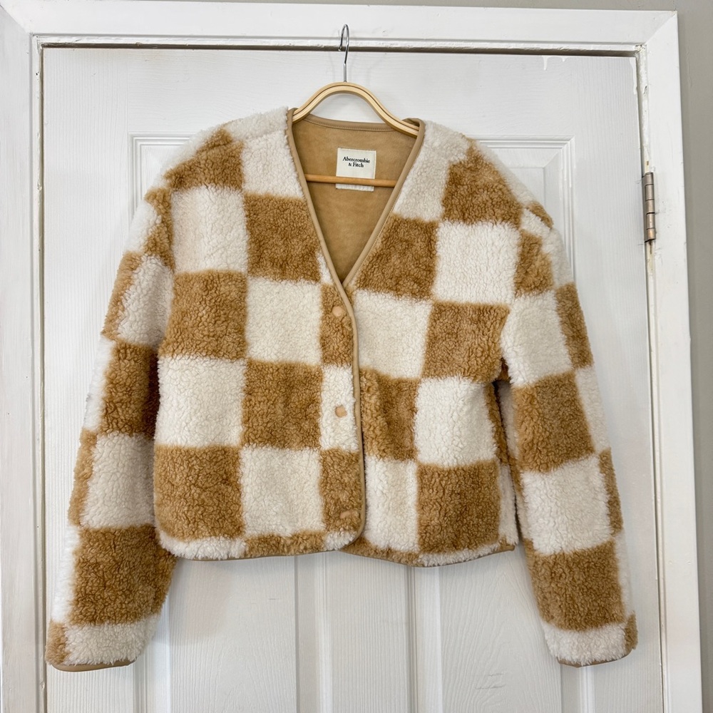 Abercrombie & Fitch Camel Checkered Sherpa Teddy Jacket
